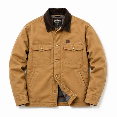 Tan canvas chore coat with a cord collar