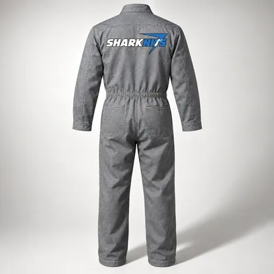 Gray coverall with SHARKNITS printed across the back