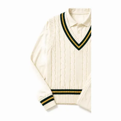 Cream cable-knit cricket sweater and trousers