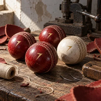 Three red and one white leather cricket balls, each stamped with a gold bolt