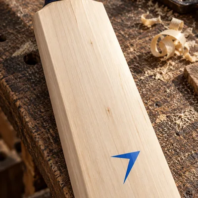 Pale willow cricket bat with a blue bolt on the face, on a bench with wood shavings