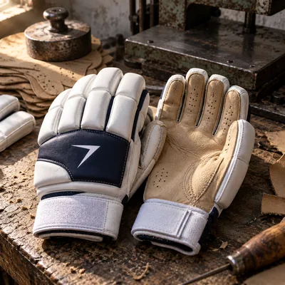 Cricket batting gloves with white finger rolls, a navy back with a white bolt and a tan leather palm
