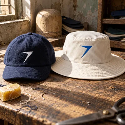 Navy cricket cap with a white bolt and a cream sun hat with a blue bolt