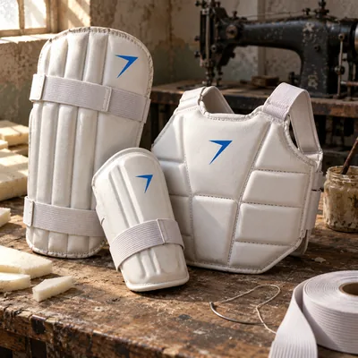 White thigh, arm and chest guards, each with a blue bolt