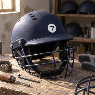Navy cricket helmet with a steel grille and a round bolt badge on the front