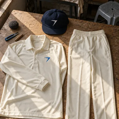 Cream cricket shirt with a blue bolt, cream trousers and a navy cap, laid flat