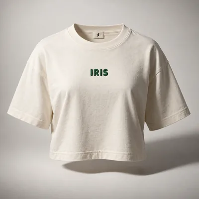 Cream cropped tee with IRIS in green puff print