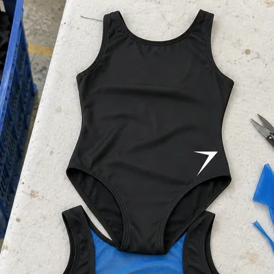 A black tank leotard with a white bolt at the hip, laid flat above a second one showing its blue mesh back
