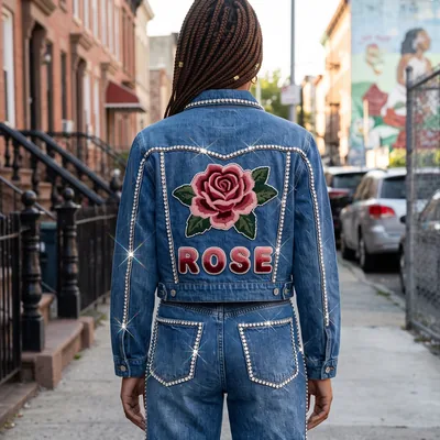 Denim jacket with a rose patch and matching jeans