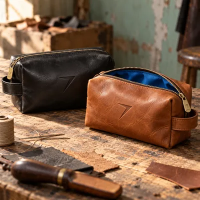 Black and tan leather dopp kits with a debossed bolt, the tan one open to show a blue lining