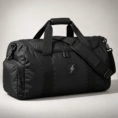 Black ripstop duffel bag with a shoulder strap