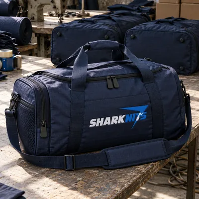 Navy duffel bag with SHARKNITS embroidered on the side