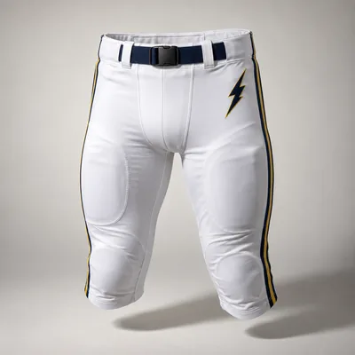 White football pants with navy and gold stripes