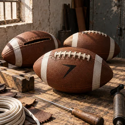 Brown American footballs with white laces and stripes, one stamped with a black bolt