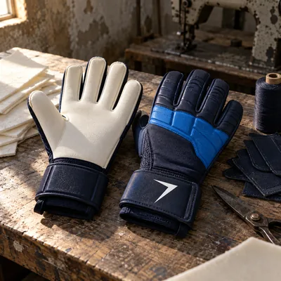 Goalkeeper gloves with a white latex palm and a navy back with a white bolt on the strap