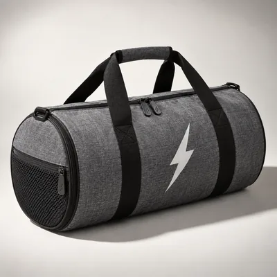 Heather gray barrel gym bag with a printed bolt