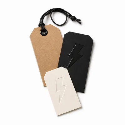 Kraft, black and cream hang tags on black cord