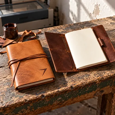 Tan journal cover wrapped with a leather tie and engraved with a bolt, next to an open brown cover