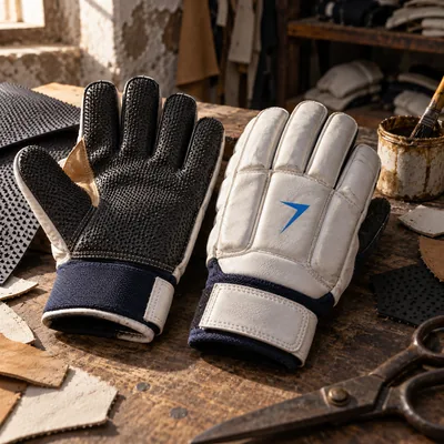 Wicket-keeping gloves, one showing a pimpled rubber palm and one a white back with a blue bolt