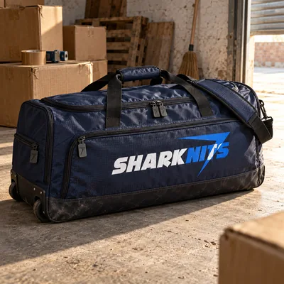 Navy cricket kit bag on wheels with SHARKNITS embroidered on the side