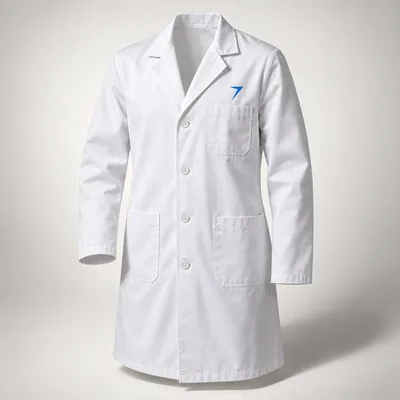 White lab coat with a blue bolt embroidered on the chest