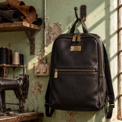 TRANSIT backpack in black pebbled leather with a brass plate engraved with the bolt