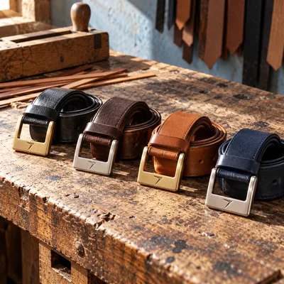 Four rolled leather belts in black, brown, tan and navy, each buckle engraved with a bolt