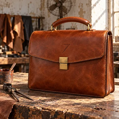 Cognac leather briefcase with a top handle, a brass lock and a debossed bolt