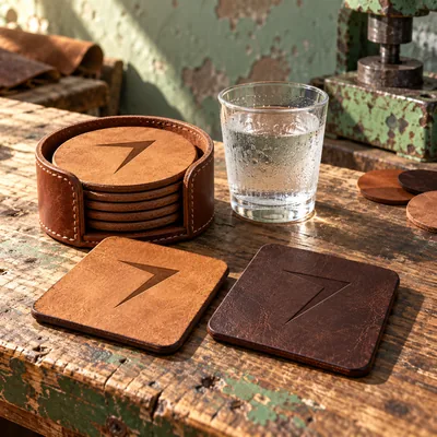 Leather coasters with a bolt: round ones in a stitched holder and two squares in tan and dark brown