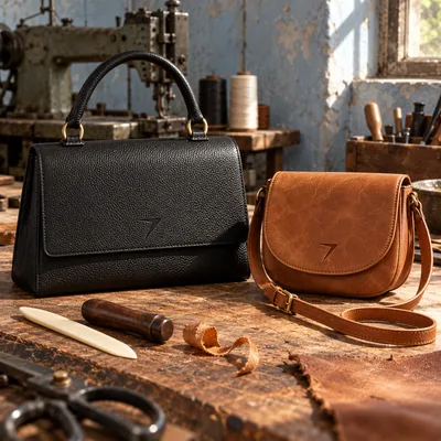 Black pebbled leather handbag with a top handle, and a tan crossbody bag, each with a debossed bolt
