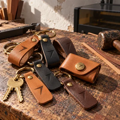 Leather keychains and a snap key holder in tan, black and dark brown, each with a bolt