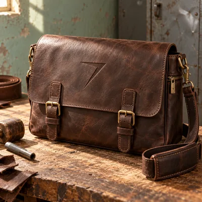 Dark brown leather messenger bag with two buckle straps and a debossed bolt on the flap