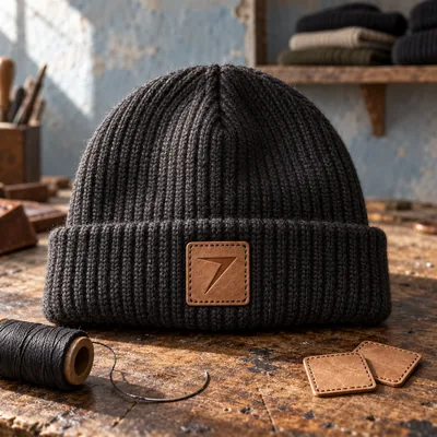 Charcoal ribbed beanie with a square tan leather patch debossed with a bolt