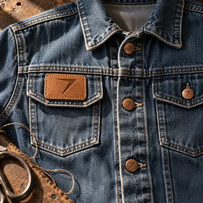 Denim jacket with a tan leather patch on the chest pocket flap, debossed with the bolt
