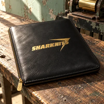 Black leather zip portfolio with SHARKNITS foil stamped in gold
