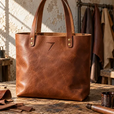 Cognac leather tote with riveted handles and a debossed bolt