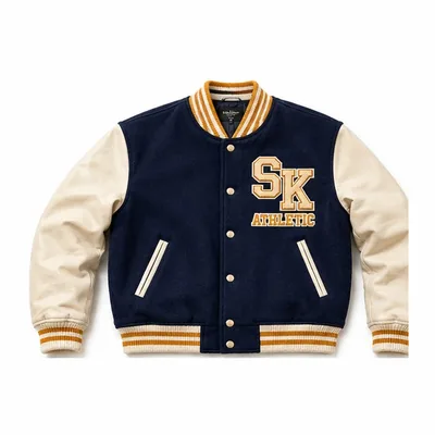 Navy varsity jacket with cream leather sleeves