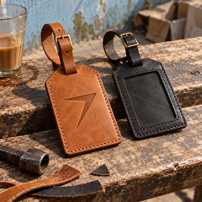 Tan leather luggage tag with a debossed bolt, next to a black tag with an ID window