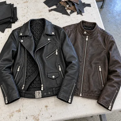 A black cruiser jacket with an asymmetric zip and a belt, beside a dark brown cafe racer jacket
