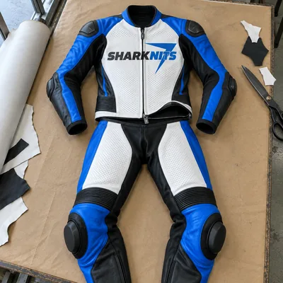 A two-piece leather race suit in white, blue and black, with SHARKNITS across the chest, laid on brown paper