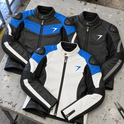 Three leather sport riding jackets laid on a table: black with blue panels, white with blue shoulders, and all black