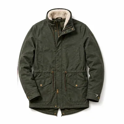 Olive parka with a fleece-lined hood
