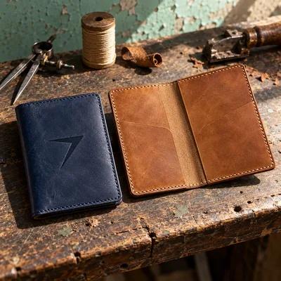 Navy passport cover with a debossed bolt, next to an open tan cover