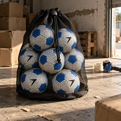 Black mesh bag full of soccer balls with blue pentagons, a few showing a black bolt