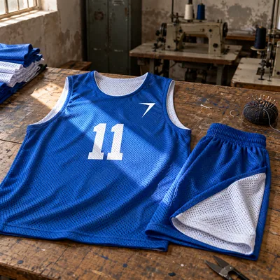 Blue reversible basketball jersey with white edges and the number 11, with matching shorts