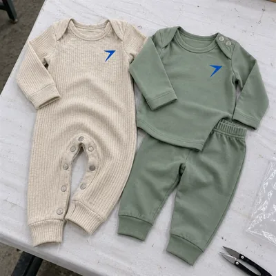 An oatmeal rib romper with snaps down the legs beside a sage top and pants set