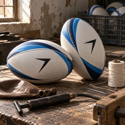 Two white rugby balls with navy and blue bands, each with a black bolt