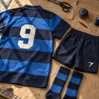Navy and blue hooped rugby jersey with a white 9, navy shorts and hooped socks, laid flat