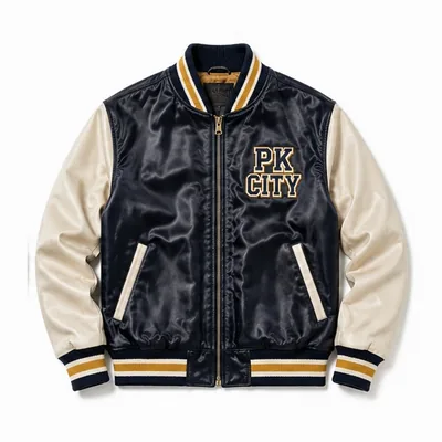 Navy satin warm-up jacket with cream sleeves
