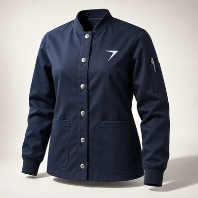 Navy snap-front scrub jacket with a white bolt on the chest